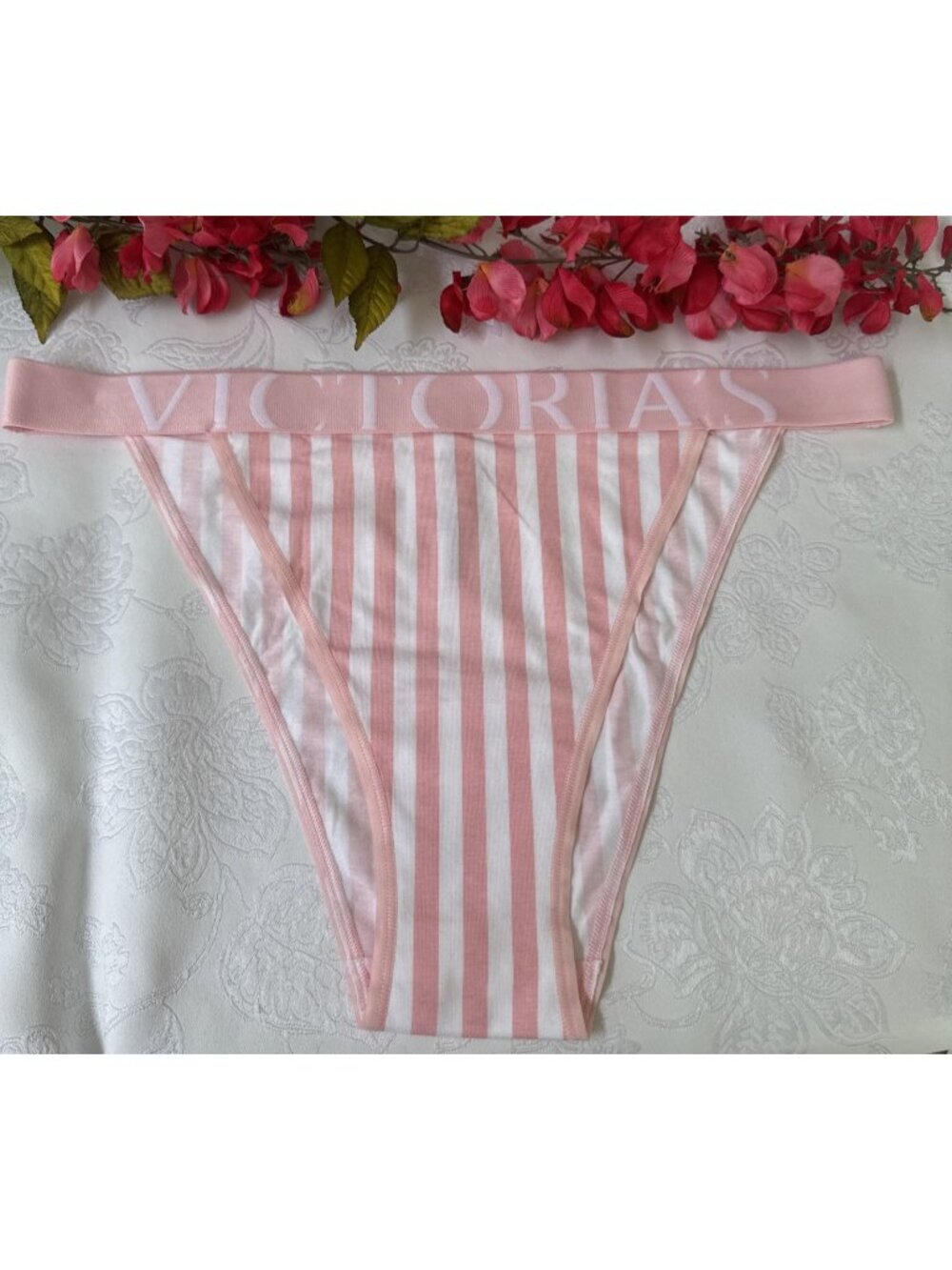 VICTORIA'S SECRET XL PINK WHITE STRIPE WIDE LOGO BAND FRENCH CUT PANTIES NWT